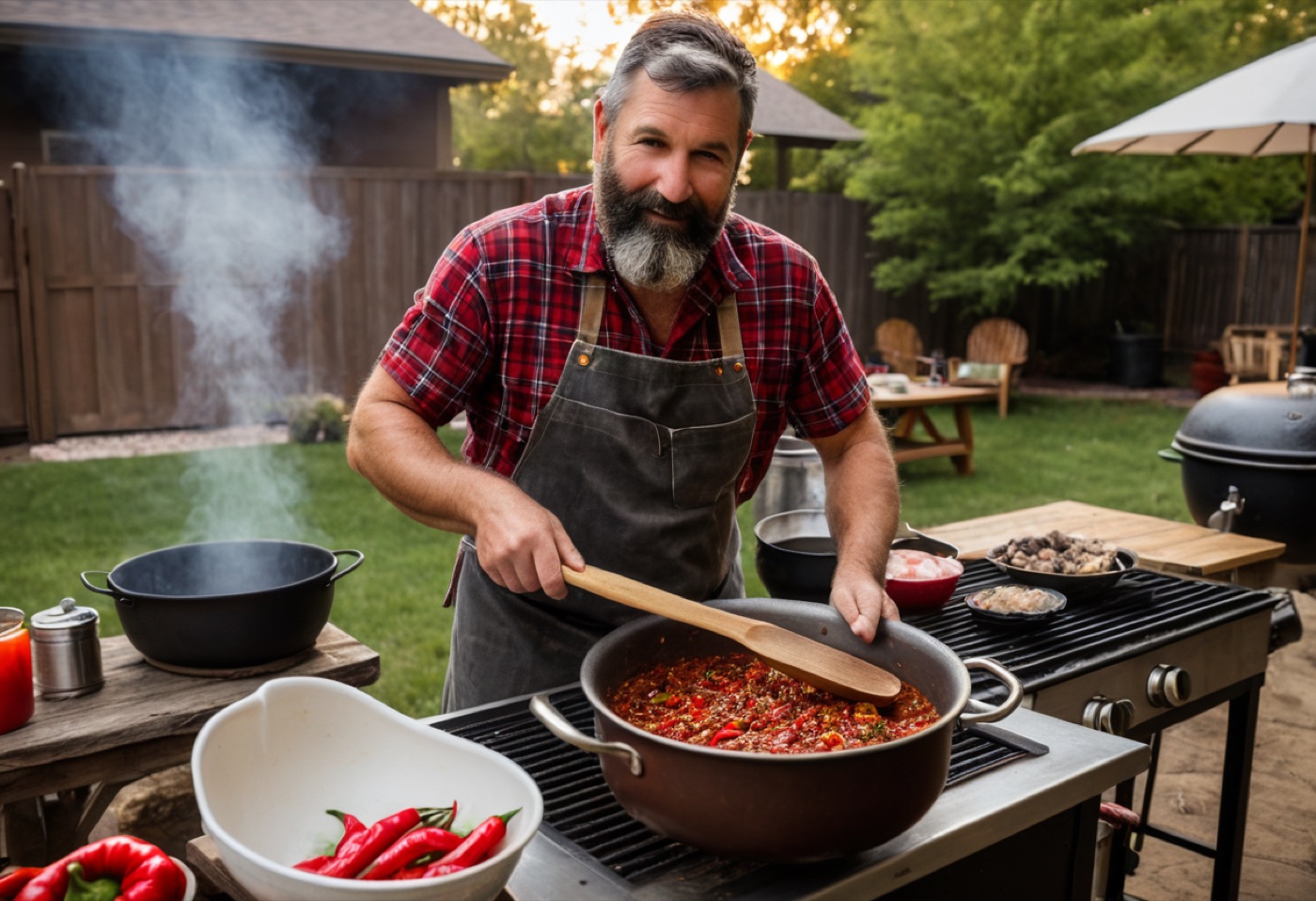 David cooking a fresh batch of chilies on the backyard grill