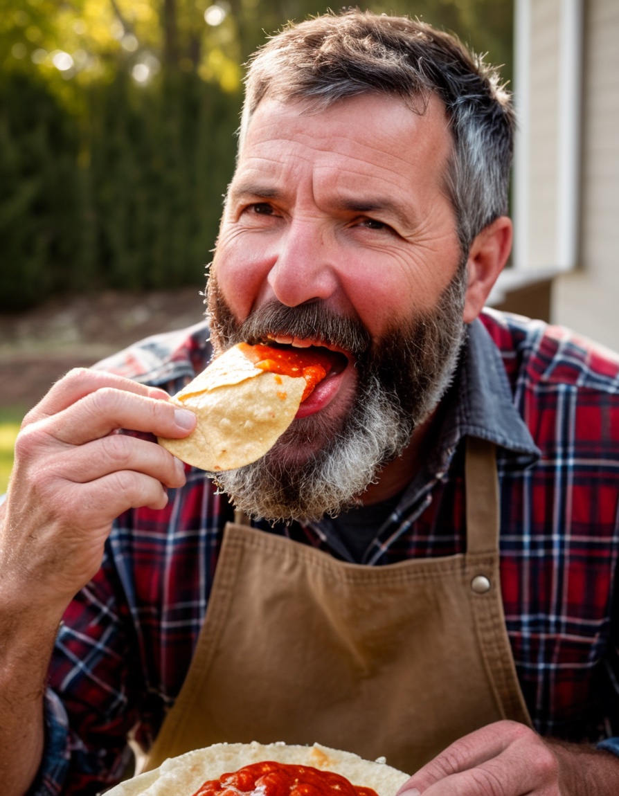 David tasting the sauce on a chip, delighted