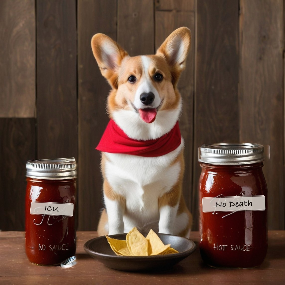 Sasha the corgi eyeing a chip and jars of sauce